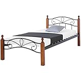 Homestyle4u 2266, Metallbett mit Lattenrost Matratze 90x200 cm Bettgestell Schwarz Braun Holz Einzelbett Tagesbett