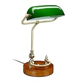 Relaxdays Bankerlampe, mit neigbarem Glasschirm & Holzfuß, Schreibtischlampe Retro/Vintage, E27, Bibliothekslampe, grün, 10034378, 43 x 26.5 x 23.5 cm