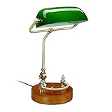 Relaxdays Bankerlampe, mit neigbarem Glasschirm & Holzfuß, Schreibtischlampe Retro/Vintage, E27, Bibliothekslampe, grün, 10034378, 43 x 26.5 x 23.5 cm