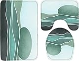 Ecosides Set von 3 Stück Retro Sonne Boho Bad Teppich Set WC Sitz Abdeckung Abstrakt Berg Vintage Sonnenuntergang Minimalistische Mitte Jahrhundert WC Deckel Badezimmer Küche Flanell rutschfeste