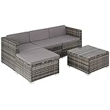 TecTake Poly Rattan Lounge, 5-teilige Outdoor Sitzgruppe mit Sofa Hocker Tisch, frei kombinierbare Elemente, Gartenmöbel-Set für 3-4 Personen, Couch für Garten Terrasse Balkon, inkl. Polster (Grau)