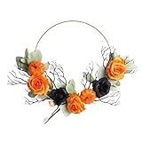 MuSheng Halloween-Kranz -Kürbis-Kranz Rosen-Blumen-Kranz Geeignet für Halloween-Angst-Party-Dekorationen. Türkranz Ganzjährig Außen Willkommen (Orange, One Size)