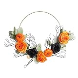 MuSheng Halloween-Kranz -Kürbis-Kranz Rosen-Blumen-Kranz Geeignet für Halloween-Angst-Party-Dekorationen. Türkranz Ganzjährig Außen Willkommen (Orange, One Size)