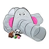 Relaxdays Pop Up Spielzelt Elefant, mit Spieltunnel, Kinderzelt drinnen & draußen, Krabbelzelt, HBT 92x155x200 cm, grau