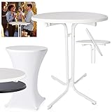 Onbest Stehtisch klappbar – in 2 Farben mit festlicher Husse – 110cm hoch – Ø80 cm Tischplatte – rund– für In- & Outdoor –Bistrotisch – Biertisch – Gartentisch - Klapptisch (Stehtisch Weiß)