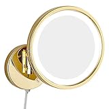 FARUTA 8-Zoll-Badezimmer-Make-up-Spiegel, wandmontierter Waschtisch, einseitig, Messing, beleuchtet, Vergrößerungs-Rasierspiegel, zusammenklappbar, mit Schalterstecker (Color : Gold, Size : 3X)