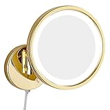 FARUTA 8-Zoll-Badezimmer-Make-up-Spiegel, wandmontierter Waschtisch, einseitig, Messing, beleuchtet, Vergrößerungs-Rasierspiegel, zusammenklappbar, mit Schalterstecker (Color : Gold, Size : 3X)