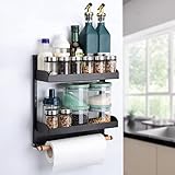 Toski Magnetischer Kühlschrank Regal, Magnetisches Hängeregal mit 2 Etagen und Papierhandtuchhalter, Magnet Gewürzregal, für Küchen Organizer Aufbewahrung, Schwarz