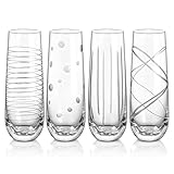 Joeyan 290ml Graviert Sektgläser Stemless - 4er Set Tulpe Champagnergläser mit Linie, Dot Motiven - Spülmaschinenfeste Sektkelche