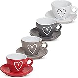 matches21 Espressotassen Tassen Becher 8-TLG. Set Herzdekor weiß grau braun rot inkl. Unterteller aus Keramik, je 5 cm hoch / 50 ml