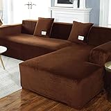 ENAPY Plüsch Sofabezug Sofa überzug ecksofa Sofa Auflage L-Form Sitz Schonbezüge Samt Elastisches Leder Ecke Schnitt couchbezug Wohnzimmer Couchbezüge Set Sesselbezug,Braun-2 Seater