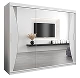 Kryspol Schwebetürenschrank Monaco 250 cm mit Spiegel Kleiderschrank mit Kleiderstange und Einlegeboden Schlafzimmer- Wohnzimmerschrank Schiebetüren Modern Design (Weiß)