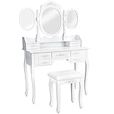 TecTake Schminktisch mit 3 Spiegeln und Hocker, Kosmetiktisch mit 7 Schubladen, gepolsterter Sitzhocker und Schubladen mit Rosen-Ornamenten, 90 x 40 x 145 cm, weiß
