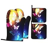 Schmetterlinge auf schwarzem Hintergrund Isolierte Handschuhe und Pfannenmatte Set, 4er Set, wasserdichte rutschfeste Ofenhandschuhe und Pfannenmatten mit Taschen für Küche Kochen Grill