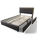 EVURU 140x200cm Schwarz Polsterbett mit LED-Beleuchtungsleiste und 4 Schubladen, Doppelbett mit Gestell aus Holz & Kunstleder Bezug, Höhenverstellbarem Kopfteil, Funktionsbett (Mit Matratze)