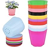 LATERN 10 Stück Kunststoff-Blumentöpfe, 11cm Bunte Blumentöpfe Indoor-Pflanztöpfe Pflanzgefäß für Sämlinge mit Untertassen für Garten-Büro-Schreibtisch-Balkon-Dekor (10 Farben, Blumenform)