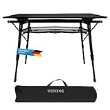 Werkfox Camping-Tisch Klapptisch Klappbarer Multifunktionstisch Mehrzwecktisch; Höhenverstellbarer Falttisch mit aufrollbarer Tischplatte (90x52cm) & Tragetasche; belastbar bis 30kg