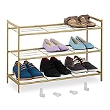 Relaxdays Metall Schuhregal, 3 Ebenen, erweiterbar, Flur Schuhgestell HBT 50 x 70 x 26 cm, 9 Paar Schuhe, offen, gold