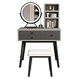 Modernes Schminktisch-Set mit abnehmbarem LED-Licht, rundem Spiegel – Make-up-Schminktisch-Set mit 3 Schubladen, Hocker, Aufbewahrung, Kosmetikregal, Schlafzimmer, Wohnzimmer, Ankleidezimmer, Weiß (G