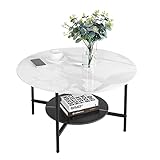 FATIVO Couchtisch Marmor Weiß Rund: Beistelltisch Sofatisch mit 2-Ablagen - Wohnzimmertisch mit Schwarz Metallrahmen, für Wohnzimmer 80×47.5cm