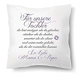 Farbwuselei Kissen mit Spruch Für unsere Tochter in Liebe Mama und Papa Flieder Kissenhülle Inlay Kissenbezug Geschenk Eltern