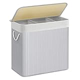 SONGMICS Wäschekorb 3 Fächer, 150 L Wäschesammler mit Deckel, Wäschesortierer Bambus, mit Griffen, faltbar, Wäschesack herausnehmbar maschinenwaschbar, Waschküche, Schlafzimmer, grau LCB091G01