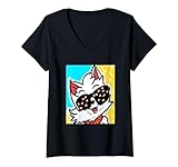 Damen Colorful Happy Sonnenbrille Katze T-Shirt mit V-Ausschnitt