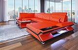 Wohnlandschaft Napoli U Form Sofa in Leder mit LED-Beleuchtung Ledersofa mit Kopfstützen (Ottomane rechts, Orange-Schwarz)