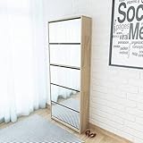 Hommdiy Schuhschrank mit Spiegel,Spiegelschuhschrank mit 5 Fächern Spiegel Eiche Ultradünner Schuhschrank, platzsparend 63x17x169,5 cm