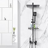 Home Duschsystem mit thermostat Schwarz Edelstahl Duschsäule,Regendusche,Mehrere Modi Vielseitig Duschset 80-115 cm verstellbare Duschstange mit Einbauregal