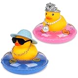 AUAUY Gelbe Gummiente, 11 Stück Badeente im Schwimmreif Auto Ornamente mit Sonnenhüten Sonnenbrille Goldenen Ketten Krone und Schwimmringen für Zimmer Auto Armaturenbrett Dekoration