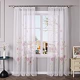 Yujiao Mao Voile Gardine mit Blumendruck Flowers farbenfrohe Vorhänge Schal mit Kräuselband 1er Pack Pink BxH 150x175cm