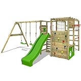 FATMOOSE Spielturm Klettergerüst ActionArena Air mit Schaukel & apfelgrüner Rutsche, Outdoor Kinder Kletterturm mit Leiter, Basketballkorb & Spiel-Zubehör für den Garten