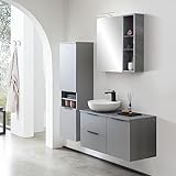 Lomadox Badezimmermöbel Set 3-teilig inkl. Waschbecken und Spiegelschrank mit Beleuchtung in grau, B/H/T: ca. 150/200/45 cm