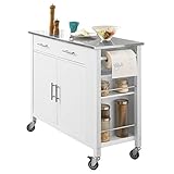 SoBuy FKW108-W Design Küchenwagen mit Edelstahlplatte Kücheninsel mit Seitenregal Küchenschrank Rollwagen Sideboard auf Rollen Küchentrolley Servierwagen Weiß BHT ca.: 107x94x46cm