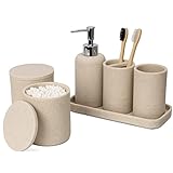 ZCCZ Badezimmer Set – 6 Teile – Badezimmer Organizer mit Zahnbürstenhalter, Seifenspender, Seifenschale, für Kosmetik u. Wattestäbchen – Edle Badezimmer Deko in Marmor-Optik, Sandfarben