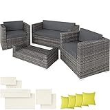 TecTake 800904 Poly Rattan Aluminium Lounge Set, Tisch mit Glasplatte, 2 Bezugsets und 4 Kissen, Sitzgruppe mit Couch, Sessel und Tisch, inkl. Sitz- und Rückenkissen (Grau | Nr. 403843)