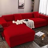 CROMMA Stretch Sofabezug, Möbelschutz Bezug Jacquard Weich Antirutsch Sofaüberwurf Kind Haustier Geeignet für Wohnzimmer 1 2 3 4 Sitzer-4 Sitzer 235-300cm-Rot