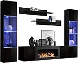 Moderner Wohnwand Lexus mit Bio Kamin Anbauwand Schrankwand Weiß Schwarz 21 (Schwarz)