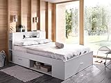 Vente-unique - Bett mit Stauraum & Schubladen + Lattenrost + Matratze - 160 x 200 cm - Weiß - Leandre