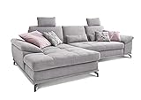 Cavadore L-Form-Sofa Castiel mit Federkern / Großes Schlafsofa mit Bettkasten, Sitztiefenverstellung, Kopfstützen und XL-Longchair / 312 x 114 x 173 / Webstoff, Hellgrau