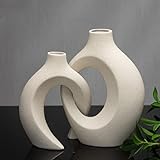 Creme Farbe Keramik Vase für Moderne Home Decor, Matte Snuggle Hollow Blumenvase für Pampasgras, Boho Dekor Donut Vase Satz von 2 für Tisch Centerpieces für Weihnachtsdekorationen