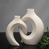 Creme Farbe Keramik Vase für Moderne Home Decor, Matte Snuggle Hollow Blumenvase für Pampasgras, Boho Dekor Donut Vase Satz von 2 für Tisch Centerpieces für Weihnachtsdekorationen