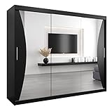 Kryspol Schwebetürenschrank Monaco 250 cm mit Spiegel Kleiderschrank mit Kleiderstange und Einlegeboden Schlafzimmer- Wohnzimmerschrank Schiebetüren Modern Design (Schwarz)