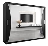 Kryspol Schwebetürenschrank Monaco 250 cm mit Spiegel Kleiderschrank mit Kleiderstange und Einlegeboden Schlafzimmer- Wohnzimmerschrank Schiebetüren Modern Design (Schwarz)