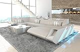 Sofa Apollonia U Form Wohnlandschaft Leder Couch mit LED Ledersofa mit Ottomane (Ottomane rechts, Beige-Weiß)