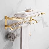 Badezimmer Ablage Mit Handtuchhalter Golden, 90°Drehung Klappbar Handtuchstange Mit 5 Haken, Duschregal Mit Handtuchhaken Aus Aluminium Für Küche Und Toilette