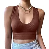 Minetom Damen Tank Top Sexy Tiefer V Ausschnitt Crop Tops Sommer Ärmellose Basic Shirt Camisole Bauchfrei Oberteile A Braun XS