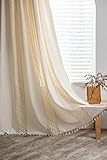 iyoimono Boho Vorhänge 2er Set Beige Vintage Vorhänge Landhausstil Häkeln Stricken Gardinen,Baumwolle Leinen Quaste Transluzente Verdunklung Gardinen für Küche Wohnzimmer Schlafzimmer,B150×H240cm