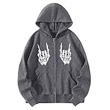 wjiNFDFG Kurzjacke Damen Damen Skeleton Print Gothic Style Langarm Kapuzenpullover Reißverschluss Thermo Hoodie mit Taschenmantel Langjacke Damen